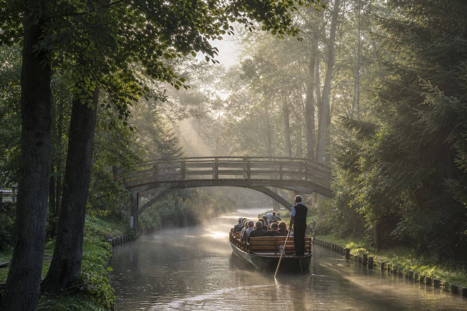 Schmaler Spreewaldkanal mit Kahn, Erlen und Morgendunst